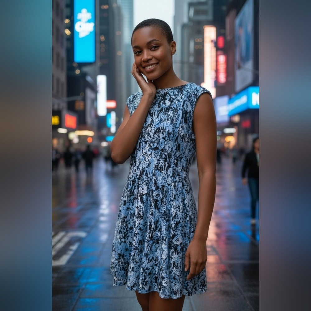 🥳Roz & Ali Blue and Black Floral A Line Cocktail Dress